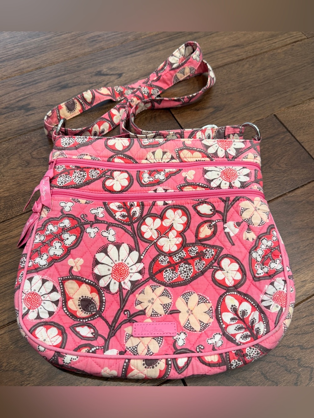 Vera Bradley Floral Quilted Triple Zip Crossbody Bag Blush Pink Pattern